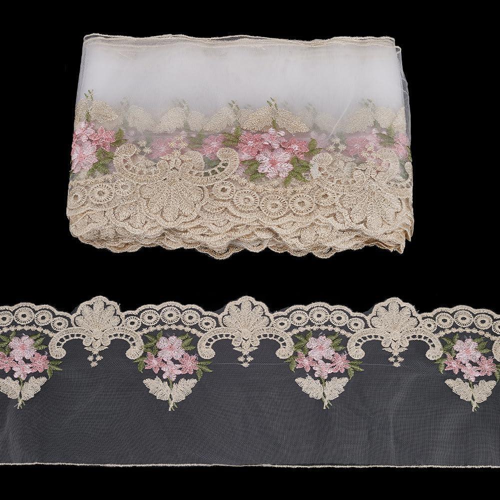 FINGERINSPIRE 5 Yards Floral Embroidery Lace Sewing Mesh Tulle 7-1/2" Wide Embroidery Hollow Flower Mesh Lace Trim Ivory White Polyester Floral Tulle Edge Trim Ribbon for Wedding Dresses Decor