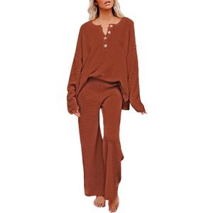 Viottiset Women's 2 Piece Outfits Sweatsuit Knit Long Sleeve Sweater Wide Leg Pants Loungewear (Orange, S)