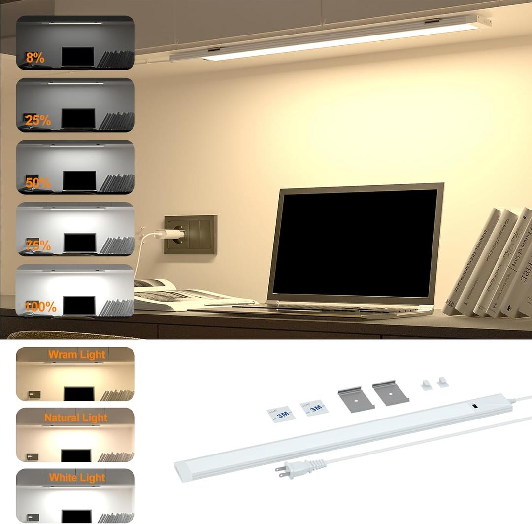 16 Inch Under Cabinet Lights with Hand Wave, Plug and Play, Ultra Bright 3000K/4000K/6000K Under Counter Lights, Dimmable LED Under Cabinet Lighting for Kitchen Cabinet, Cupboard, Closet, Desk(1 Pack)