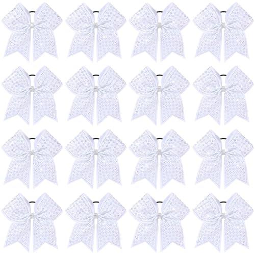 OAOLEER 16PCS Glitter Cheer Bows for Cheerleaders, 7” Large Cheerleading Bows with Sparkle Rhinestone Cheer Hair Bows with Ponytail Holders Elastic Hair Band for Cheerleaders College Sports (White)