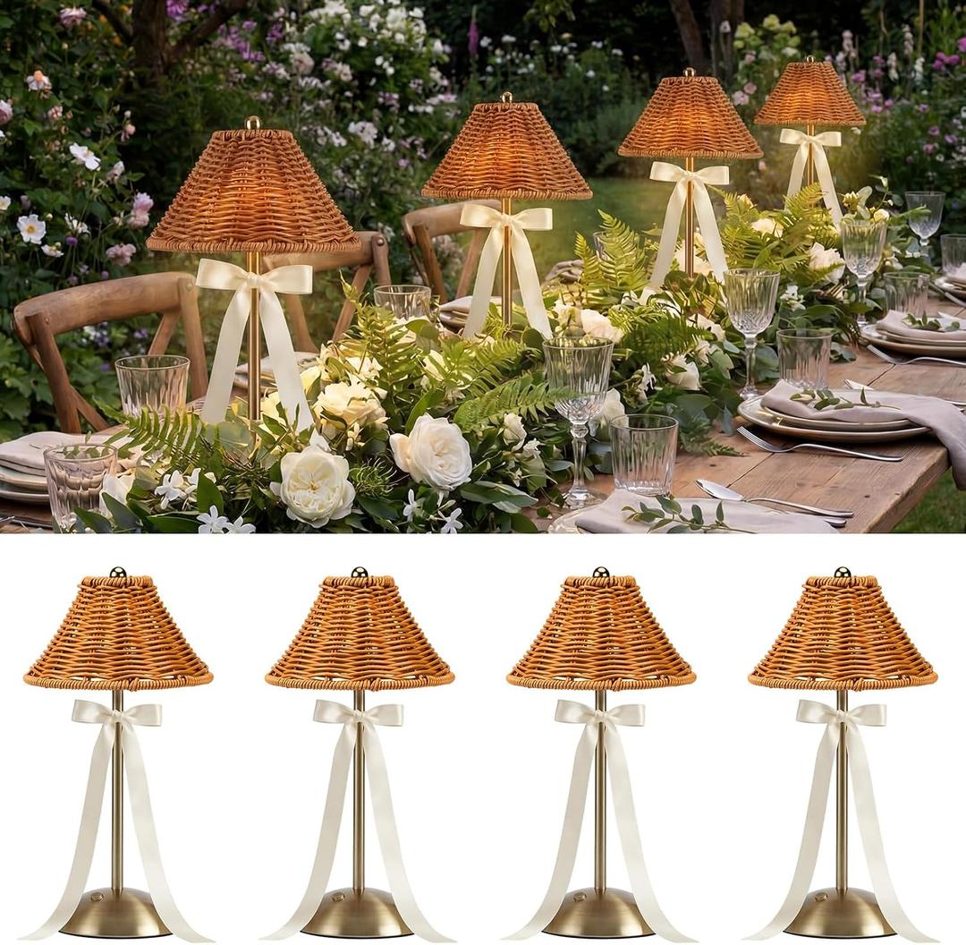 4 Pack Wedding Cordless Rattan Table Lamps Wicker Night Light LED Rechargeable Reading Lights 3 Color Portable Touch Control Party Decor with Bows for Outdoor Party Wedding Patio