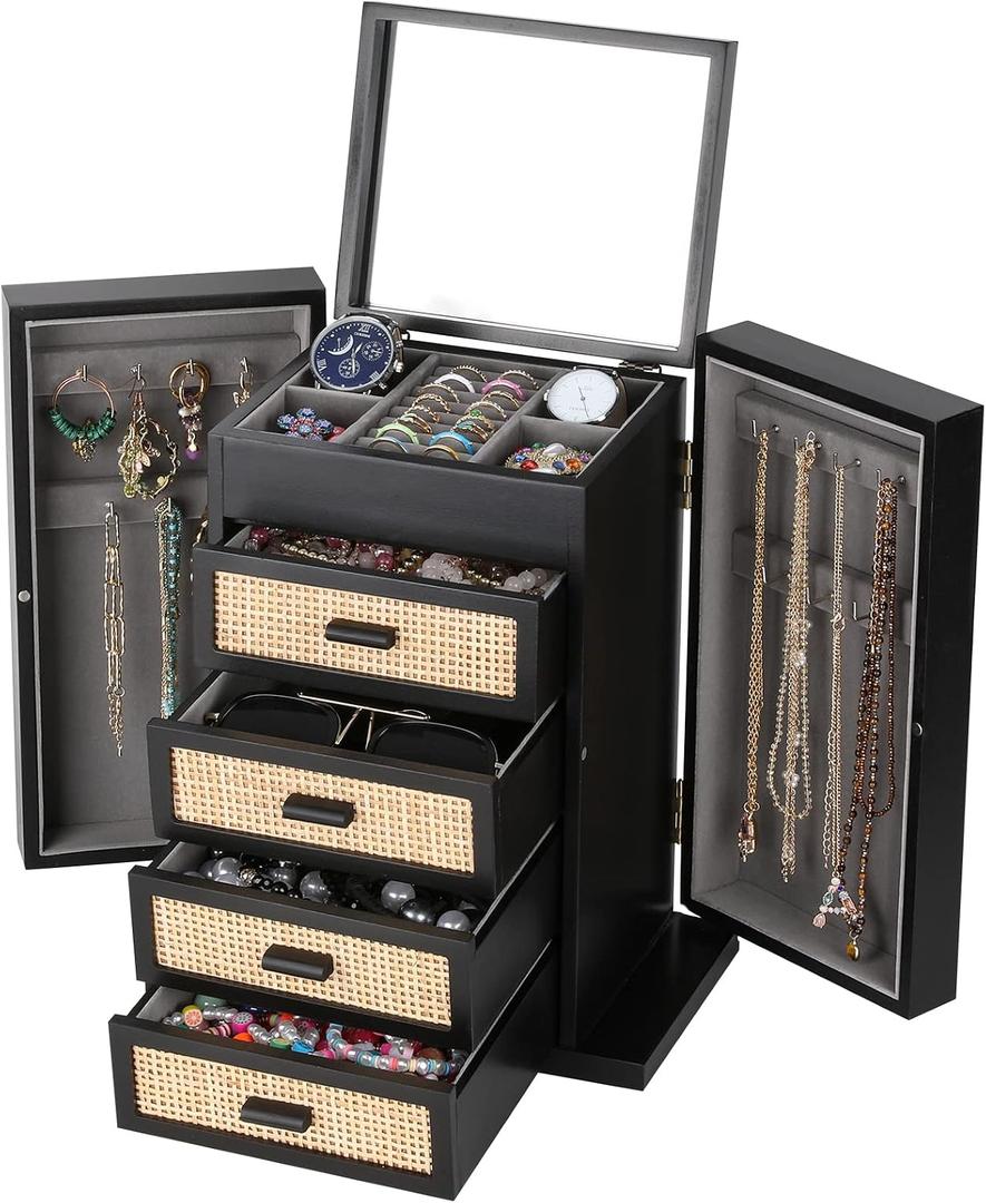 Jewelry Organizer, Rattan Jewelry Box, 5 Layer Wooden Jewelry Organizer Box with Mirror, Jewelry Boxes with 4 Drawers for Women Men, Black Jewelry Storage for Rings Earrings Necklaces Bracelets Watch