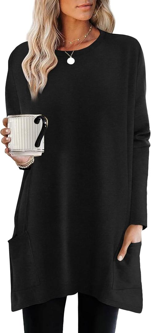 XIEERDUO Womens Tunic Tops Long Sleeve Crew Neck High Low Hem Loose Fit Shirts Blouses with Pockets (3X-Large, Black)