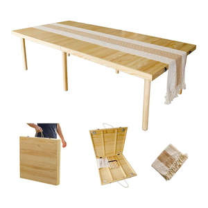 Folding Picnic Table with Table Runner, Portable Boho Low Picnic Table for Indoor Outdoor, 60" x 30" Wooden Table for Camping, Wedding, Beach, Garden, Party(Large Size for 6-8)