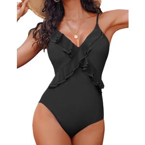 AI'MAGE One Piece Swimsuit for Women Tummy Control Ruffle Bathing Suit V Neck Push Up Swimwear (Large, Black)
