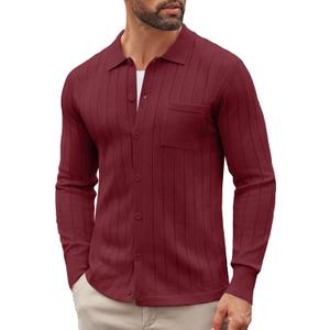 COOFANDY Men's Casual Knit Polo Shirts Long Sleeve Button Down Sweater Polo Ribbed Cardigan Sweater with Pocket, S, Color Red