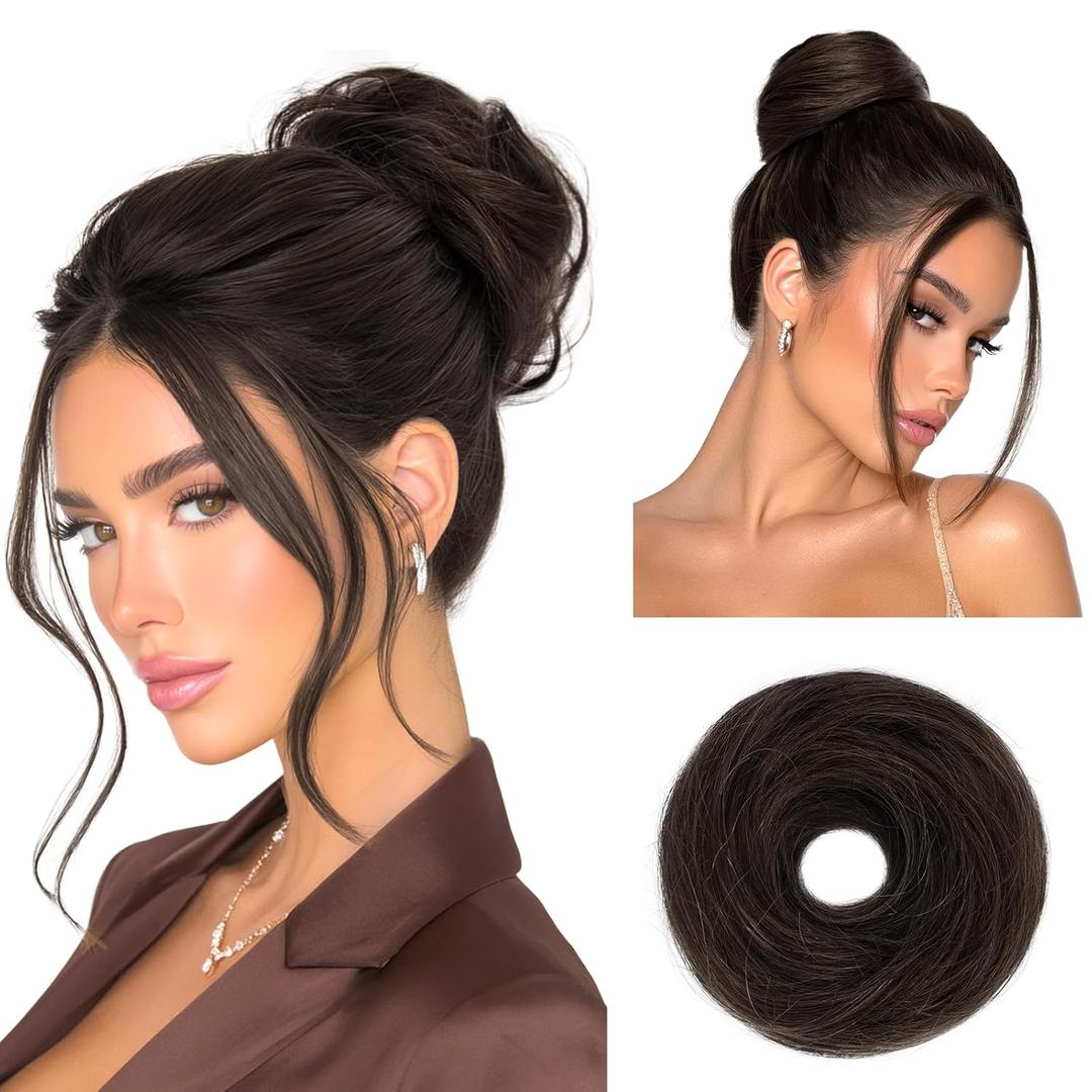 RUWISS Small Messy Bun Hair Piece Human Hair, One Hairpiece Two Styles Mini Natural Looking Scrunchies Updo for Daily, Hair Buns for Hair Women Ponytail (Dark Brown with 15% Dark Cocoa Blonde)