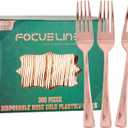 FOCUSLINE 300 Pack Disposable Rose Gold Plastic Forks, Solid and Durable Plastic Cutlery Forks, Heavy Duty Disposable Utensil Silverware for Catering, Parties, Dinners, Weddings