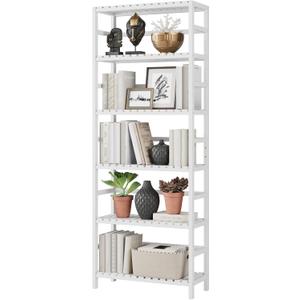 Bamjoy Bamboo Shelf, 6 Tier Bookcase Storage Shelves, Tall Book Rack Shelving Unit, Multipurpose Storage Display Shelf Adjustable Storage Rack for Bathroom Home Office Living Room Kitchen, White