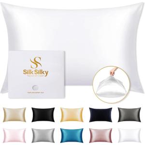 SilkSilky 100% Mulberry Silk Pillowcase - Pure 22 Momme High-Grade 6A Fibers for Hair & Skin, Envelope Closure, Natural, Organic, Breathable & Cooling Pillow Case (Standard, White)