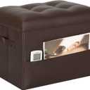 Storage Ottoman Foot Rest Stool, Foldable Leather Footstool Storage Bench With Thicker Foam Padded Seat. Foot Rest Under Desk for Living Room Bedroom 350 lbs, 17x13x13 in, Brown