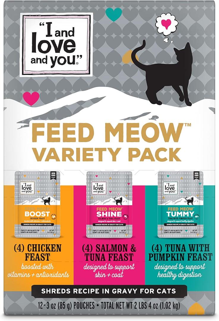 I and love and you Feed Meow Variety Pack - Salmon, Chicken, Tuna - Grain Free, Shredded, No Fillers 3oz Pack of 12, BB: 11/09/27