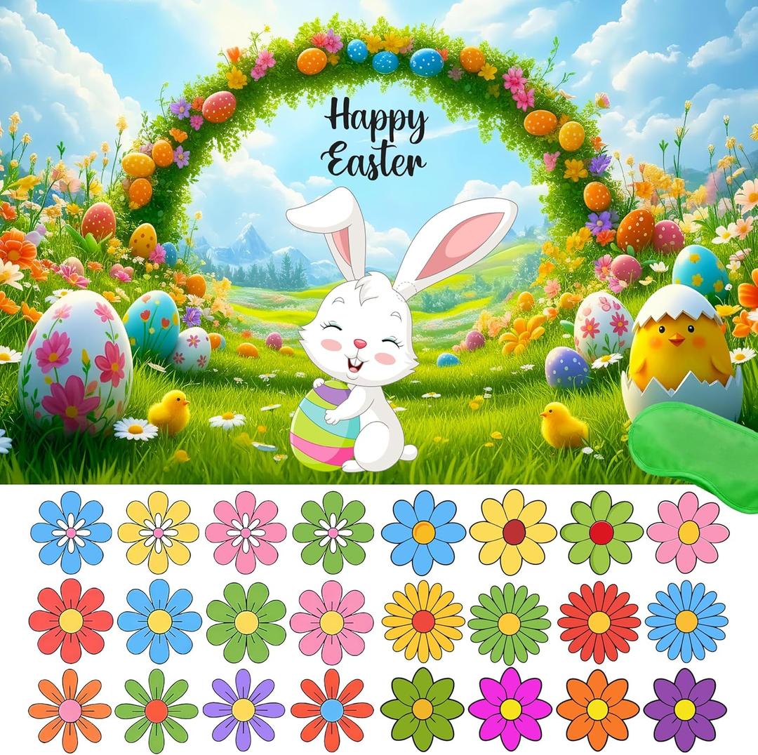 5 x Pin The Flower on The Bunny Easter Games Easter Party Games Easter Rabbit Game with Reusable Stickers Egg Hunt Activities Party Favors Supplies