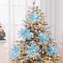 6 Pcs Large Coastal Christmas Ornaments 9.8 Ocean Beach Artificial Poinsettias Christmas Tree Decor Blue Glitter Poinsettia Flower Picks with Starfish Sea Shells for Xmas Tree Decor Wreath Garland