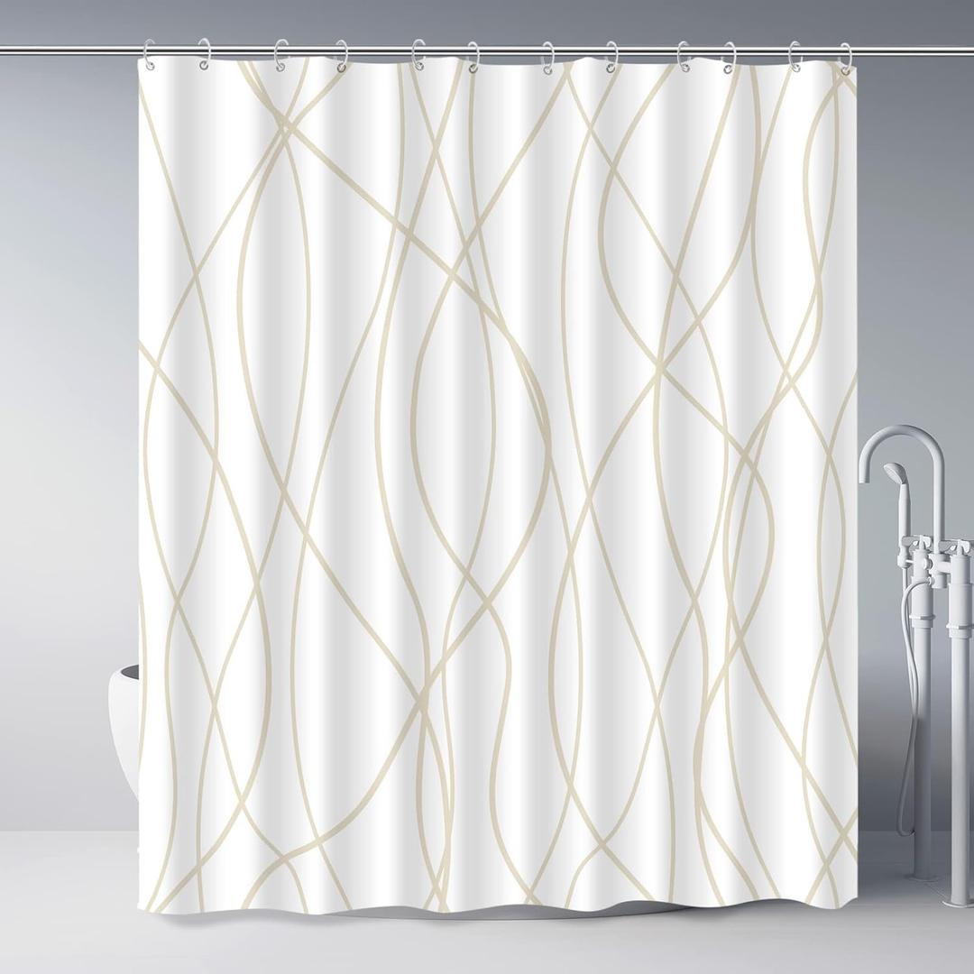 Punkray Beige Khaki Shower Curtain for Bathroom with Hooks, Extra Long Shower Curtain Set Stripe Bath Curtains Decorative White Shower Curtains Weighted Hem Water Repellent Washable, 72 x 72