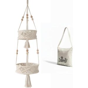 2 Tier Hanging Basket, Macrame Hanging Basket for Fruit and Vegetable Storage, Cotton Rope Woven Baskets for Kitchen, Decorative Boho Decor Hanging Plant Holder, Boho Decor for Indoor Plants