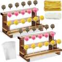 2 Pack Wood Cake Pop Stands Sucker Display 3 Tier Lollipop Holders with 100 Treats Bags 100 Lollipop Sticks 100 Gold Twist Ties for Dessert Table of Wedding Baby Shower Birthday Party (Acacia Wood)