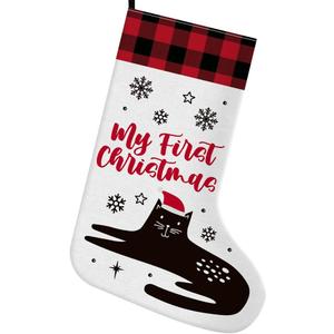 Cat Christmas Stocking Gifts, Burgundy Buffalo Christmas Stocking Christmas Xmas Decor Holiday Decoration for Home Party Cat Mom Dad Gifts, My First Christmas