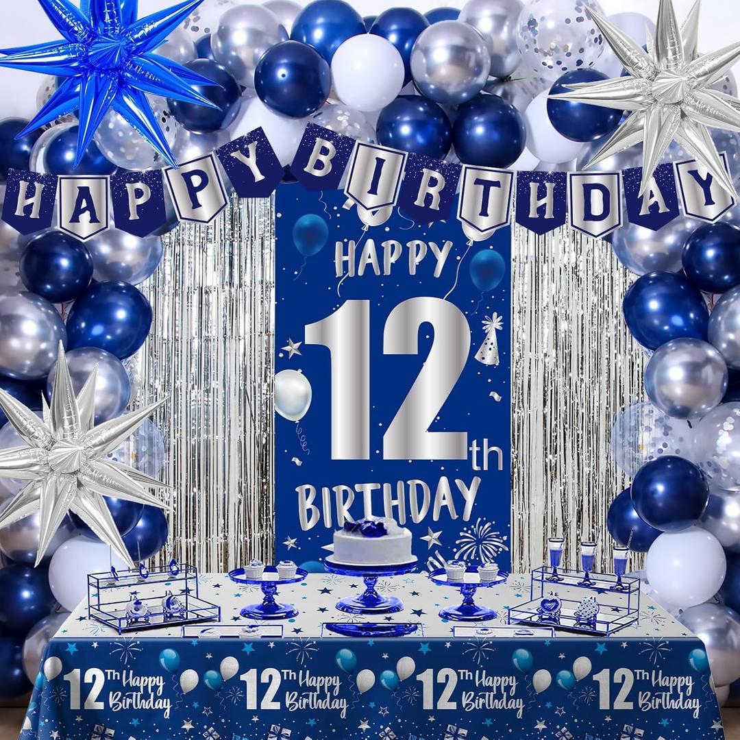12th Birthday Decorations Boy, Happy 12th Birthday Decorations for Boys Girls, Blue 12 Year Old Birthday Banner Decoration Balloons Tablecloth Foil Backdrop Star Balloons, 12th Bady Decor for Teens
