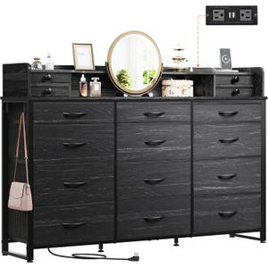 WLIVE 55''W Storage Organizer Unit with Charging Station, Black Storage Drawers Organizer with 16 Fabric Drawers & 3 Open Shelves, Large Storage Tower Organization for Living Room, Hallway, Office (Charcoal Black Wood Grain Print)