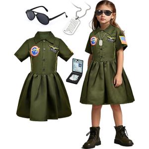 Latocos Girls Pilot Dress Costume Toddler Kids Military Aviator Fighter Suit with Sunglasses Necklace Halloween Career Day (100)