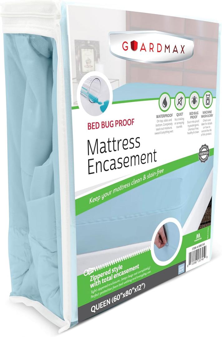 Guardmax Jersey Knitted Queen Zippered Mattress Encasement - Waterproof & Bed Bug Proof Mattress Protector - Comfortable, Soft, and Noiseless Zippered Bedding - Dust Mite Proof (60 x 80 x 12) (3 - Light Blue)