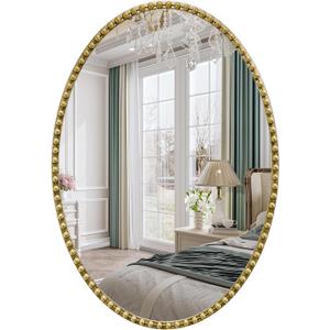 Gold Oval Bathroom Mirror, 22x30 Inch Floral Oval Mirrors for Wall, Antique Gold Metal Floral Frame Mirrors for Bedroom Living Room Hallway, Hangs Horizontally or Vertically