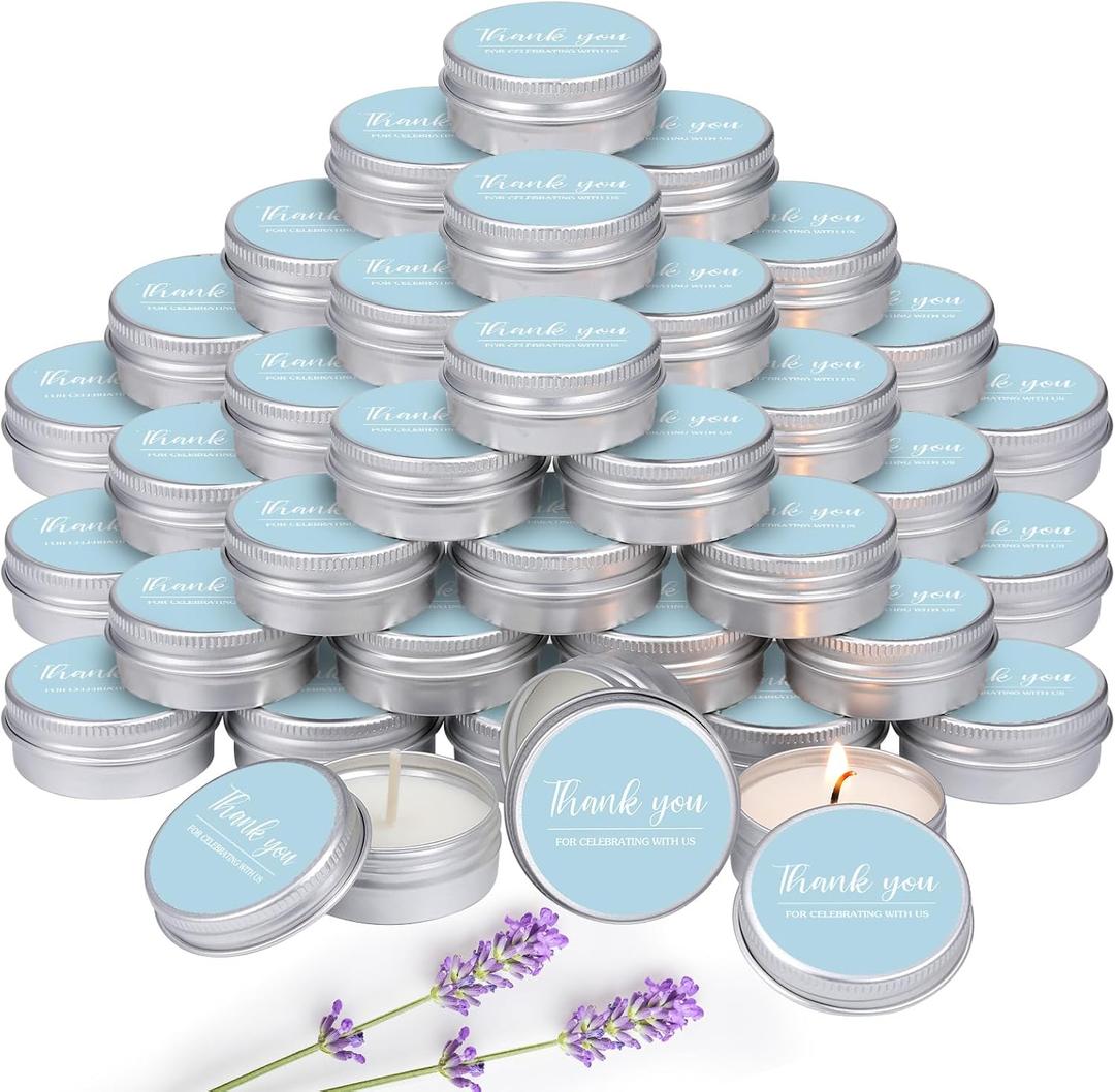 MTLEE 50 Pcs Blue Wedding Thank You Candles Gifts for Guests, Bridal Shower Baby Shower Favors, 1 oz Mini Lavender Scented Soy Wax Candles Tin Bulk for Birthday Aromatherapy Party Favors