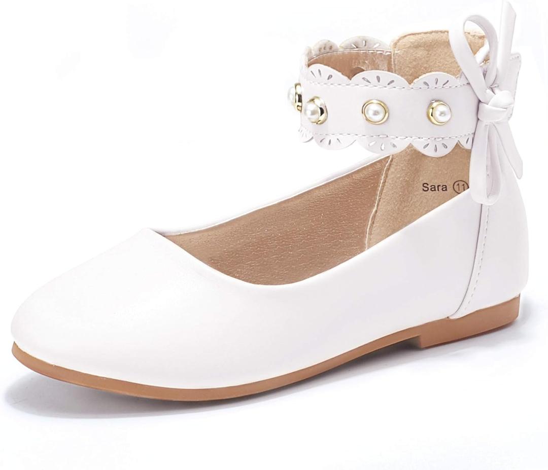 PANDANINJIA Girl's Toddler/ Little Kid Sara Bow Ballerina Flats Pearl Scallop Ankle Strap Dress Ballet Flat Shoes (White Pu, 13 M US Little Kid)