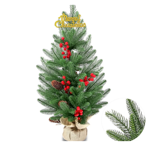28 Inch Tabletop Christmas Tree, 2.33 Ft Artificial Small Little Real Natural Touch Pine Tree with Red Berries Pine Cones Merry Christmas for Indoor Table Desk Home Bedroom Christmas Decorations