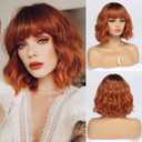 Short Copper Red Wigs for Women Fox Red Wig Ombre Red Dark Root Culy Bob Wigs with Bangs Ginger Hair Wig Wavy Synthetic Wigs(14Inches)