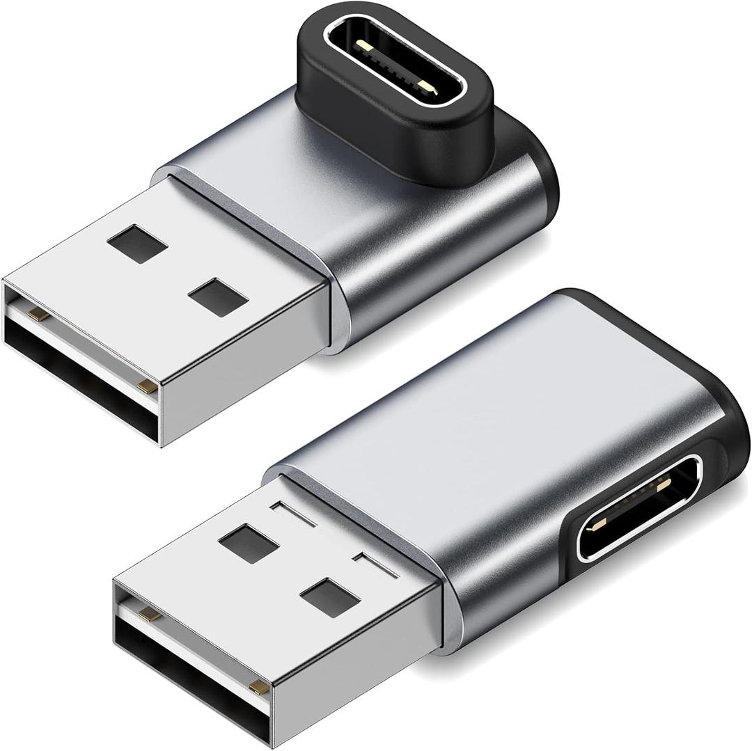 USB to USB C Adapter 3 Pack, 90 Degree USB C Female to USB Male Charger Converter, Compatible with iPhone 15 Series,with iPad Pro/Air/Mini,Galaxy,Laptop,Up&Down+Left&Right Angle (Gray, 2PACK)