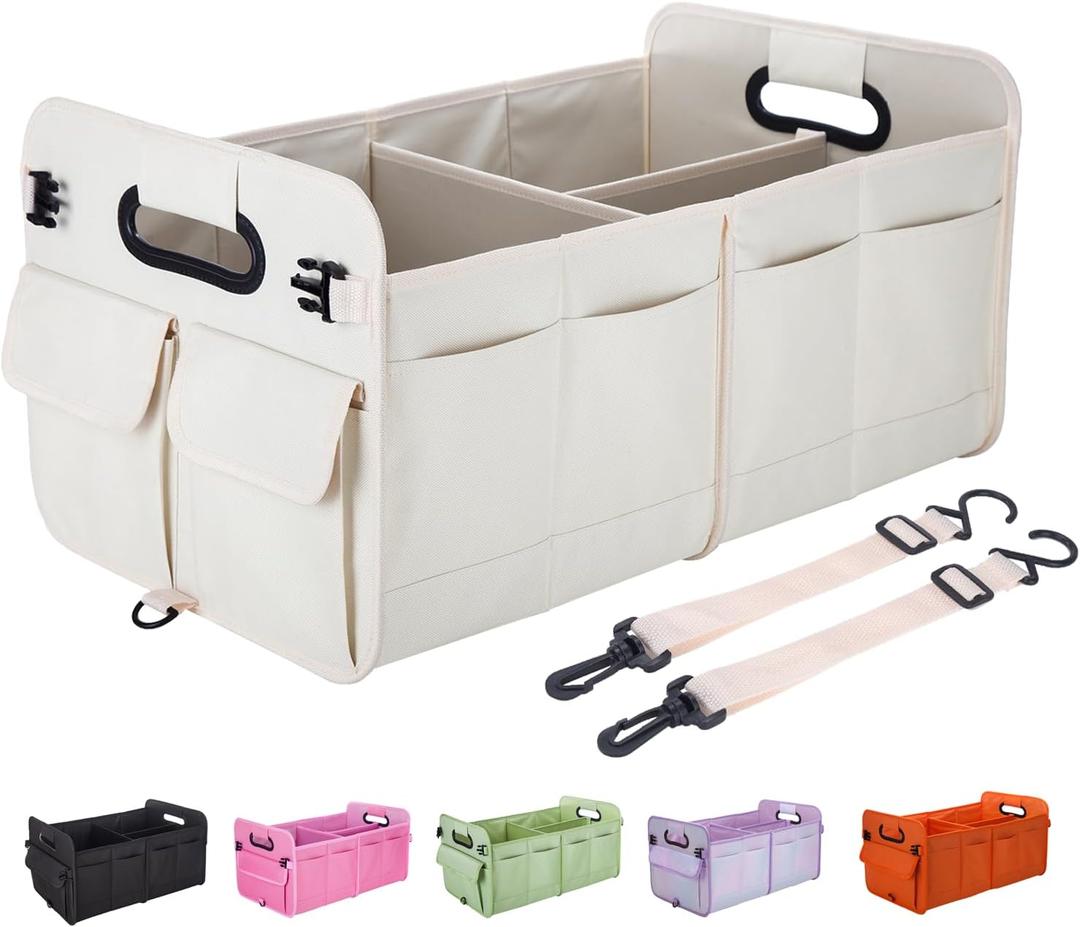 Trunk Organizer For Suv & Sedan, Car Organizers and Storage, Waterproof Collapsible & Adjustable Straps,75L Sturdy Car Organization for Car Accessories, Tools,Sundries,2-3 Compartment Beige