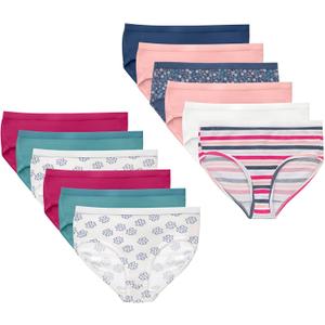 Hanes Girls' Cotton Stretch Underwear (12, Pink, Teal, Navy, Floral Prints, Stripe Print)
