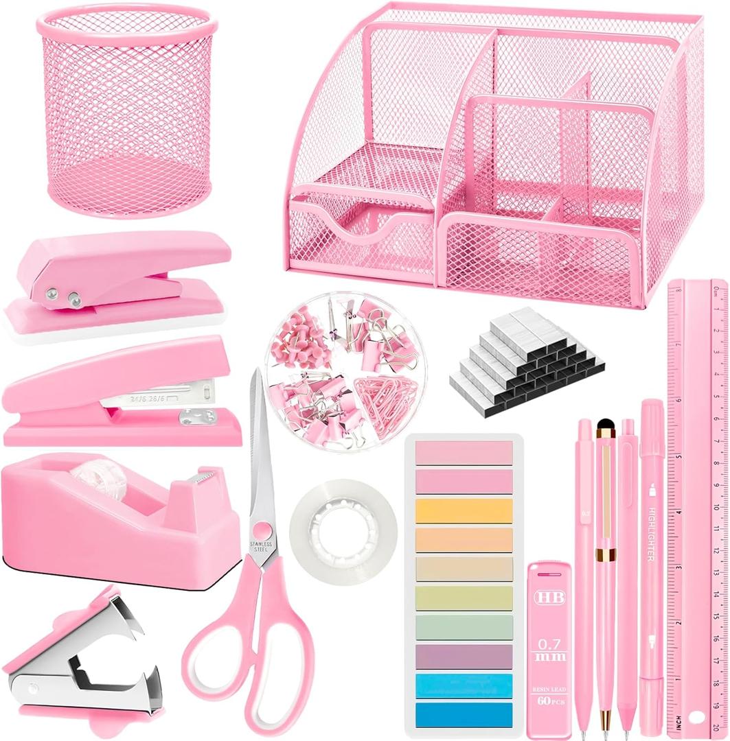 Pink Desk Accessories, 24Pcs Pink Office Supplies and Desk Organizers, with Tape Dispenser, Stapler, Staple Remover, Ect, Gift Box Packaging