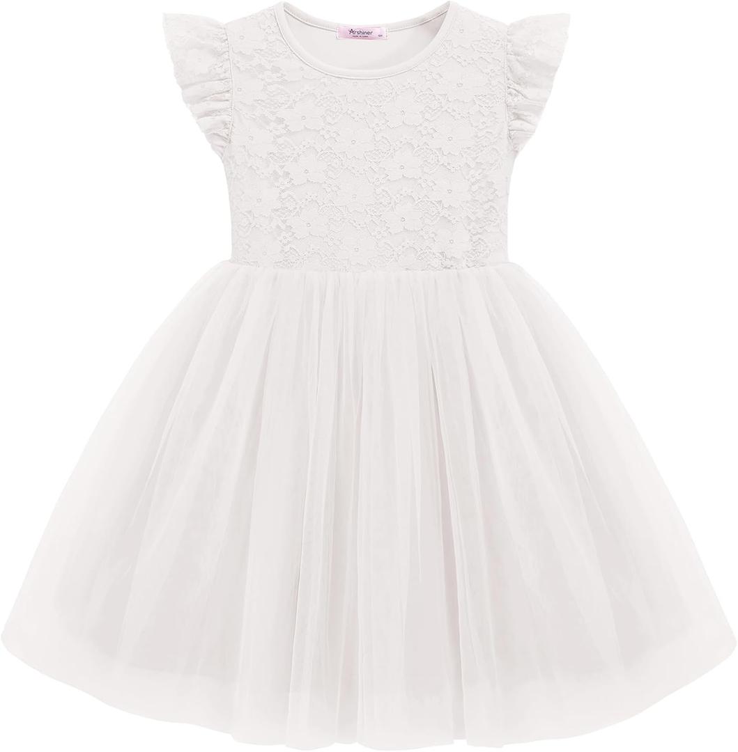 Arshiner Toddler Lace Tutu Dresses Ruffle Sleeve 3 Layers Tulle Flower Wedding Birthday Summer Little Girls Dress (White, 2-3T)