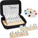 Mexican Train Dominoes Set with Numbers and 4 Wooden Trays/Racks, Double 12 Dominos Travel Set with 4 Tiles Holders, 91 Tiles Double 12 Colored Dominoes Game Set with Portable Case for Families Kids, D12 Numbers 4 Players
