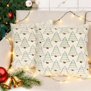 HUGOMOVA Christmas Pillow Covers 18x18 inch Set of 2 Christmas Decorations Soft Plush Faux Fur Wool Beige Xmas Tree Throw Pillow Cases Winter Holiday Decor for Sofa Living Room