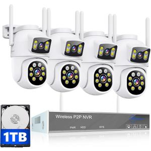 MOVOLS Wireless Security Camera System 5G/2.4G WiFi 4pcs 4MP+4MP Dual Lens Camera System,2K HD PTZ Dome Cameras System with Color Night Version, Motion Detection,1TB HDD, 16CH