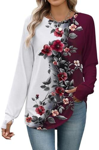 Zeagoo Women's Casual Long Sleeve Shirts Crew Neck Round Hem Loose T-Shirts Tunic Tops with Thumb Holes. Size Large, Burgundy/White