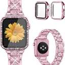 Mesime Compatible for Apple Watch Band with Screen Protector Case, Jewelry Replacement Bands 46mm 45mm 44mm 42mm 41mm 40 mm 38mm 2 Pack Protective Cover for iWatch Series 11/10/9/8/7/6/5/4/3/2/1/SE Women (Pink)