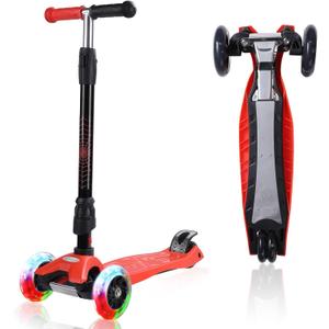 3 Wheel Scooter for Kids Ages 6-12,Kids Scooter with Light Up Wheels, Sturdy Deck Design, and 4 Height Adjustable Suitable for Kid Ages 3-12 (Black)