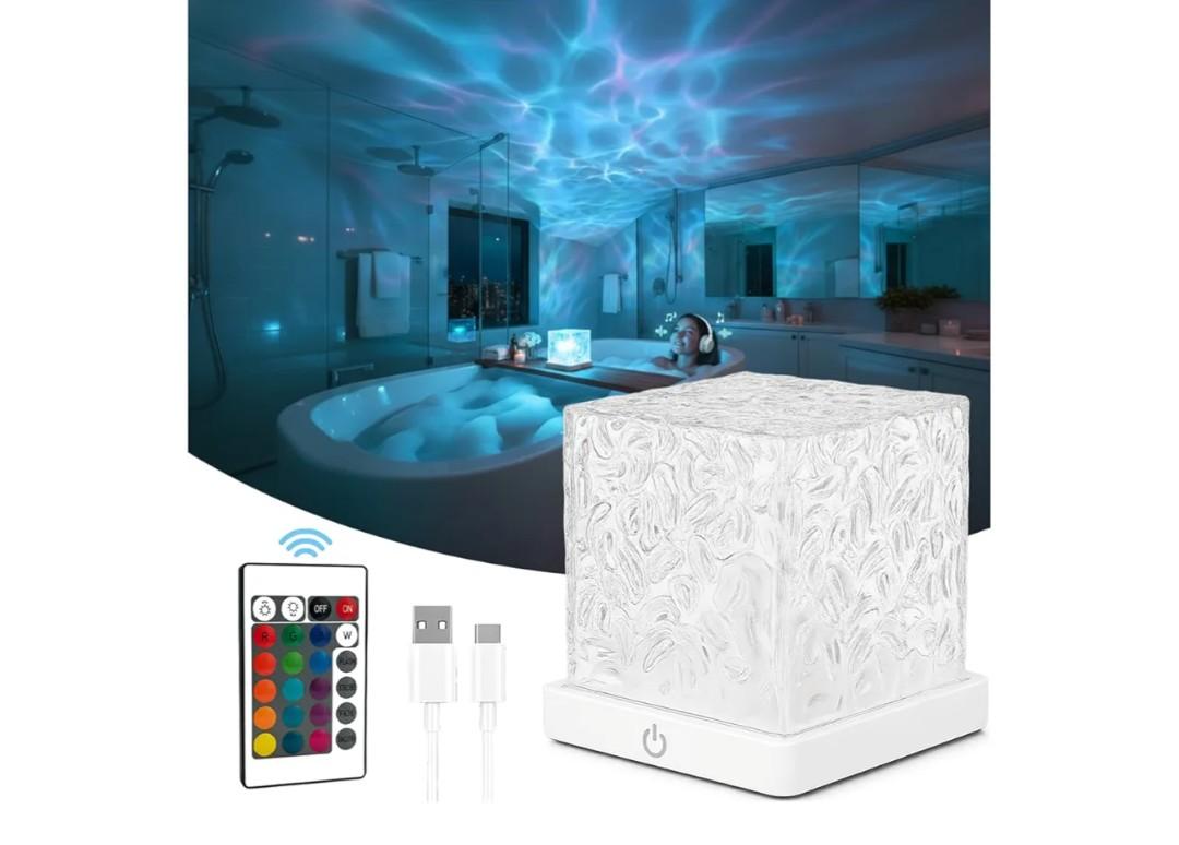 Rechargeable Shower Light No Wiring, 16 Color Changing Ocean Wave Lamp Projector, Waterproof Shower Mood Light Cube with Remote, Bathroom Mood Lighting, Bathtub Lights for Relaxing Spa, Bath, Bedroom