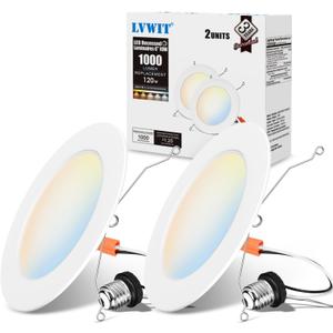 LVWIT LED Recessed Light 6inch, 5CCT Can Lighting with White Cover, Color Selectable Dimmable Downlight with E26 Conversion Kit, 2 Pack