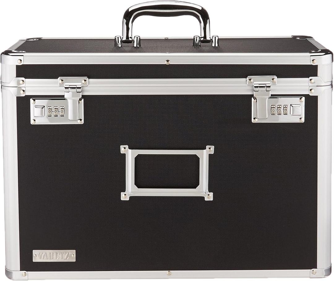 Vaultz File Organizer Storage Box - 14 x 7.25 x 12 Inch Legal Size, Portable Locking Storage Totes with Dual Combination Locks for Filing Office Documents - Black