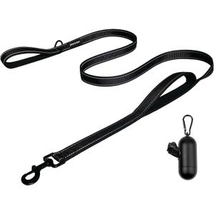 Heavy Duty Dog Leash with Dog Poop Bag Dispenser - 2 Handles by Padded Traffic Handle for Extra Control, 6foot Long - Perfect for Medium to Large Dogs (6 ft, Black)
