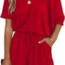 Lacozy Women's 2026 Summer Short Sleeve Off The Shoulder Rompers Casual Shorts One Piece Overall Jumpsuits Dressy Red XL