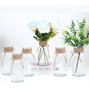 Vintage Glass Flower Vase, Farmhouse Glass Centerpiece Vases Mason Jars for Weddings, Parties & Home Decor Bulk (6, Transparent)