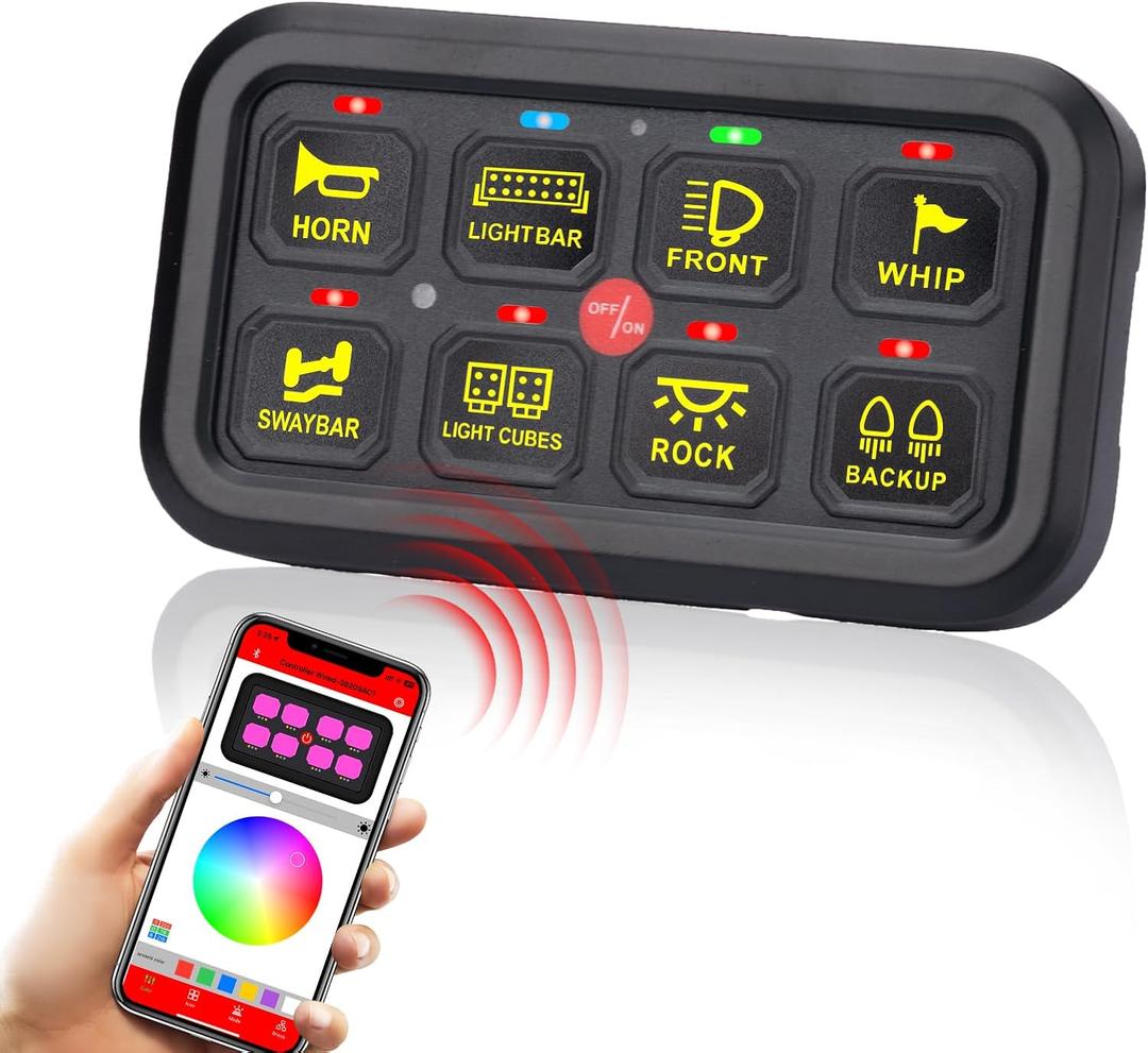 Bluetooth RGB 8 Gang Switch Panel with 3 Lighting Modes LED Touch Control Panel with Automatic Dimmable Function Electronic Relay System Auxiliary Switch Pod for Trcuk Car ATV Waterproof