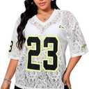 Verdusa Women's Plus Size Floral Lace Jersey Shirts Sheer Half Sleeve V Neck Number Shirt (XX-Large Plus, White)